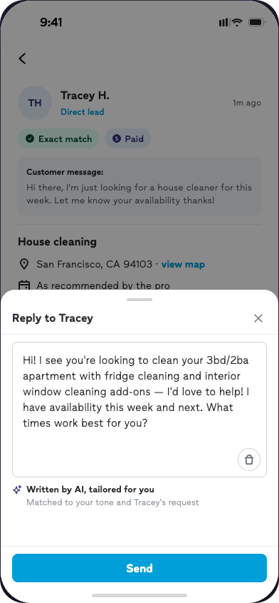 C1 plain-draft prototype: 'Reply to Tracey' bottom sheet with an AI-generated message body and a Send button.