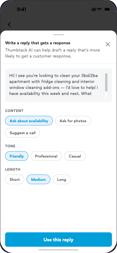 C2 toggled-draft prototype: 'Write a reply that gets a response' bottom sheet with Content, Tone, and Length toggle groups above a Use this reply button.